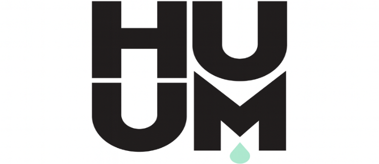 Black 'HU UM' logo with a green droplet on a white background