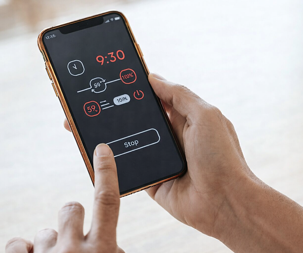 Hand holding a smartphone with a timer app on the screen, against a blurred background.