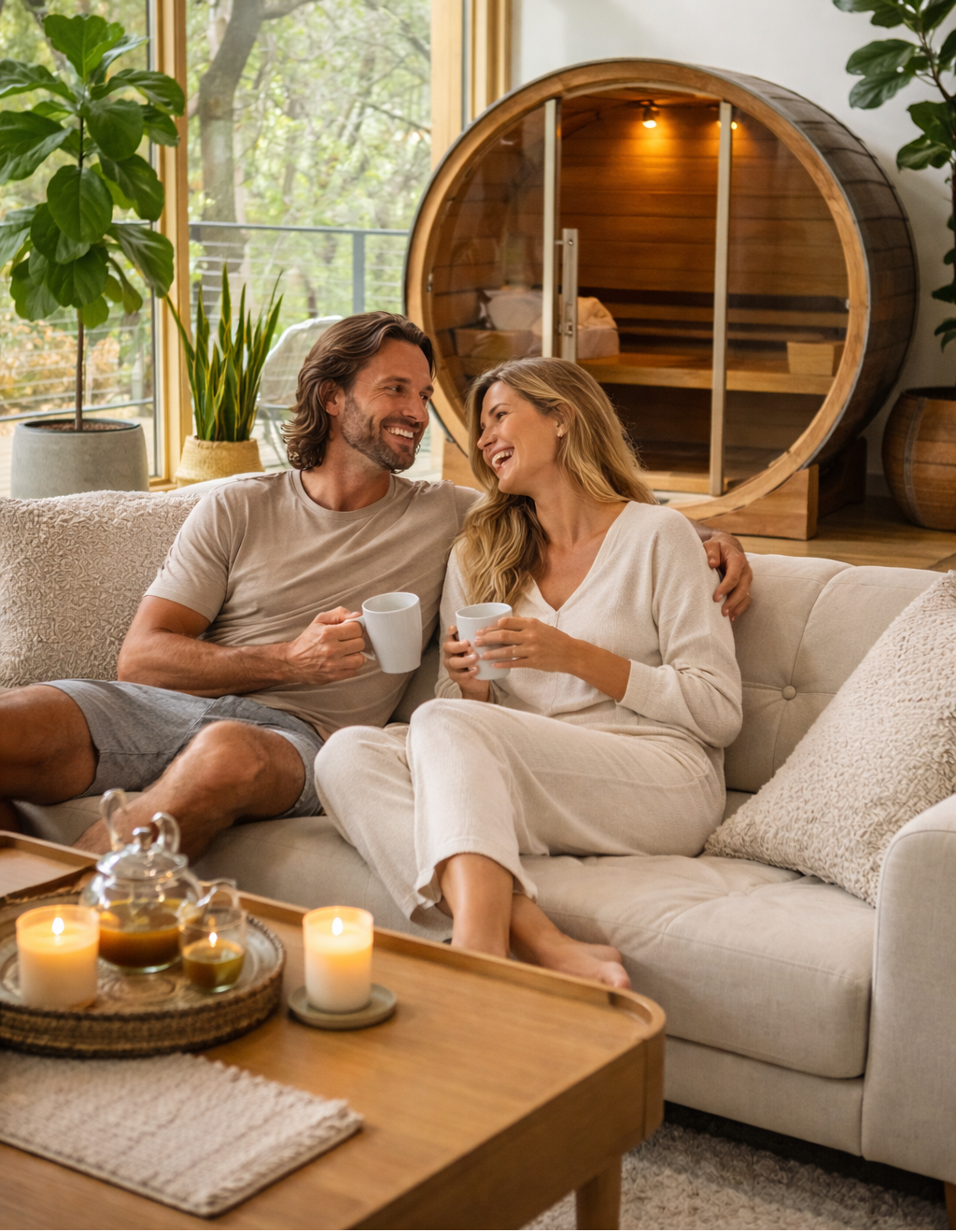 Couple sitting on a couch in a modern living room with a wooden barrel sauna in the background.