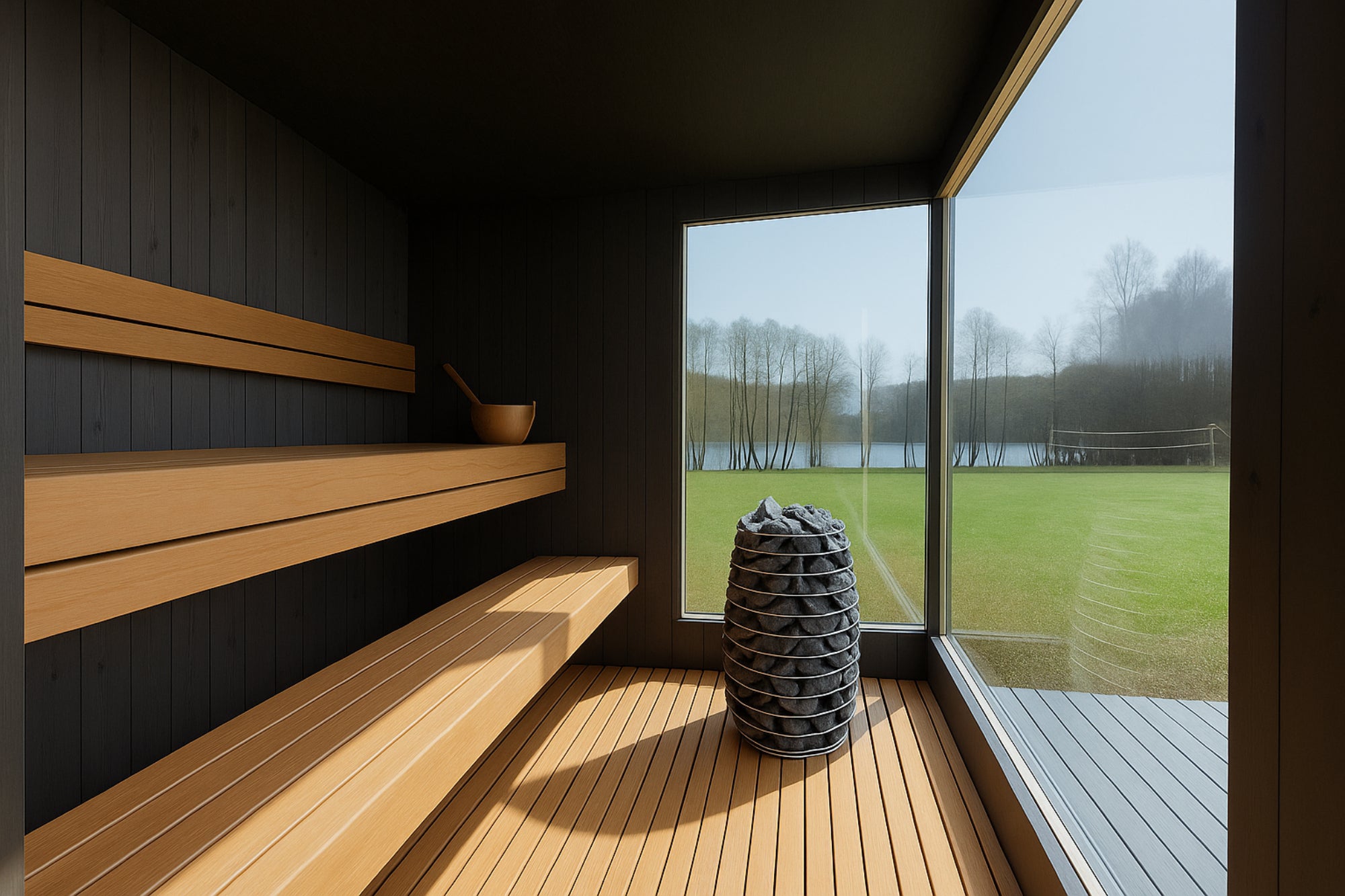 Genevas St. Moritz Light Gray – Luxury Pre-Assembled Outdoor Sauna with Lounge & Shower Cabin