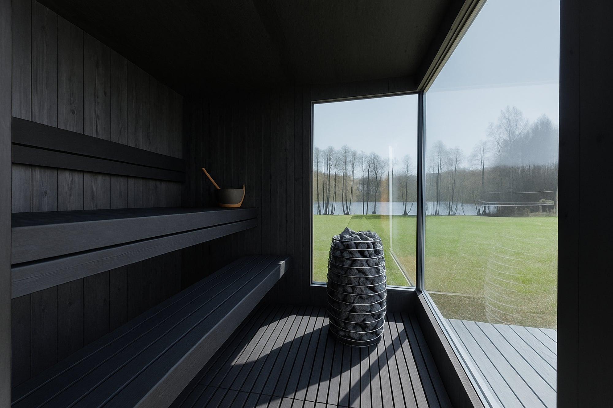 Genevas St. Moritz Light Gray – Luxury Pre-Assembled Outdoor Sauna with Lounge & Shower Cabin