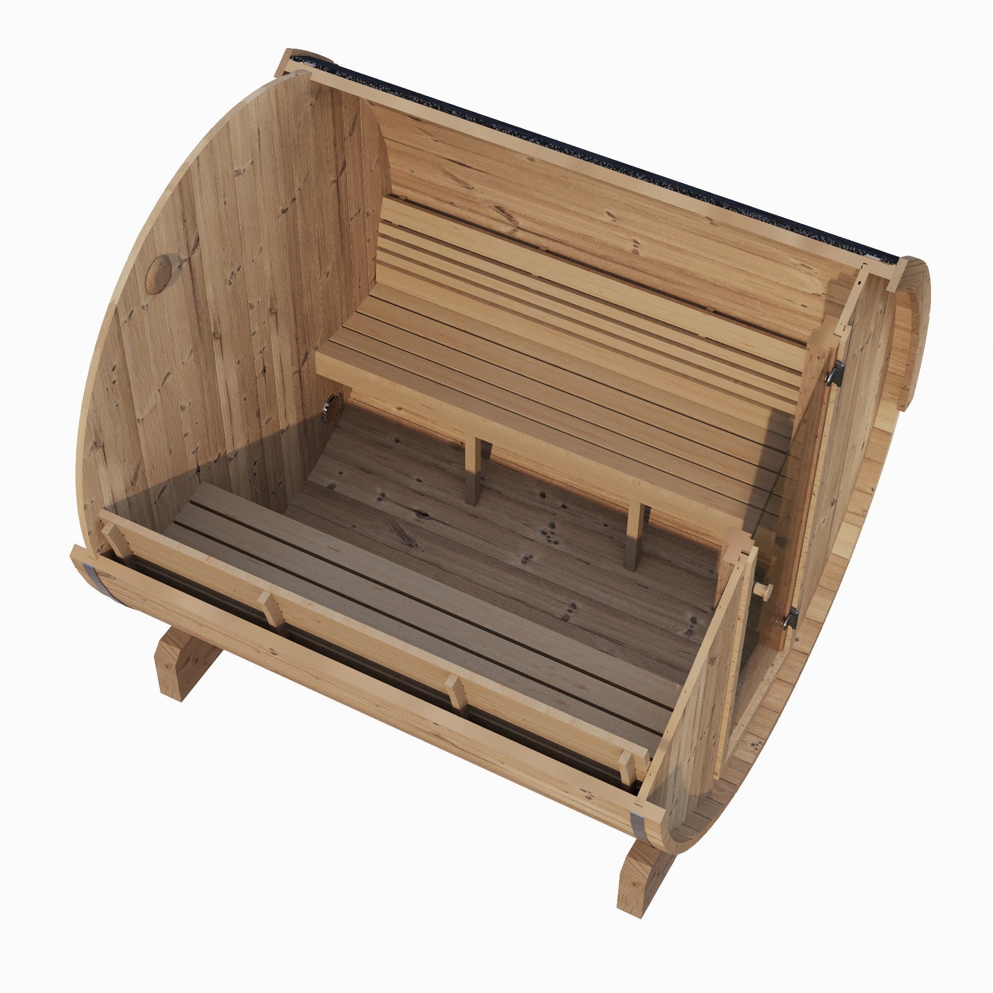 Wooden pet bed with a curved design on a white background