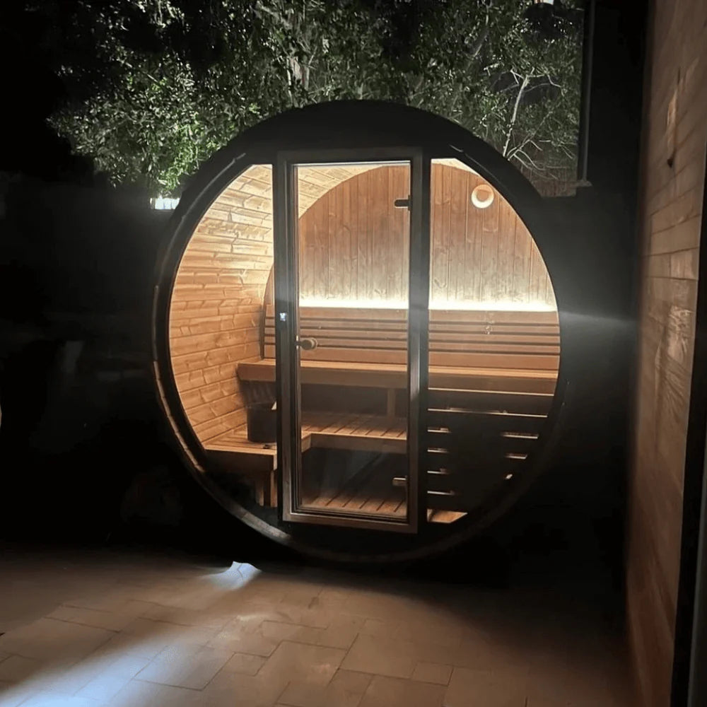 SaunaLife EE6G Barrel Sauna | 4 Person Glass-Front Outdoor