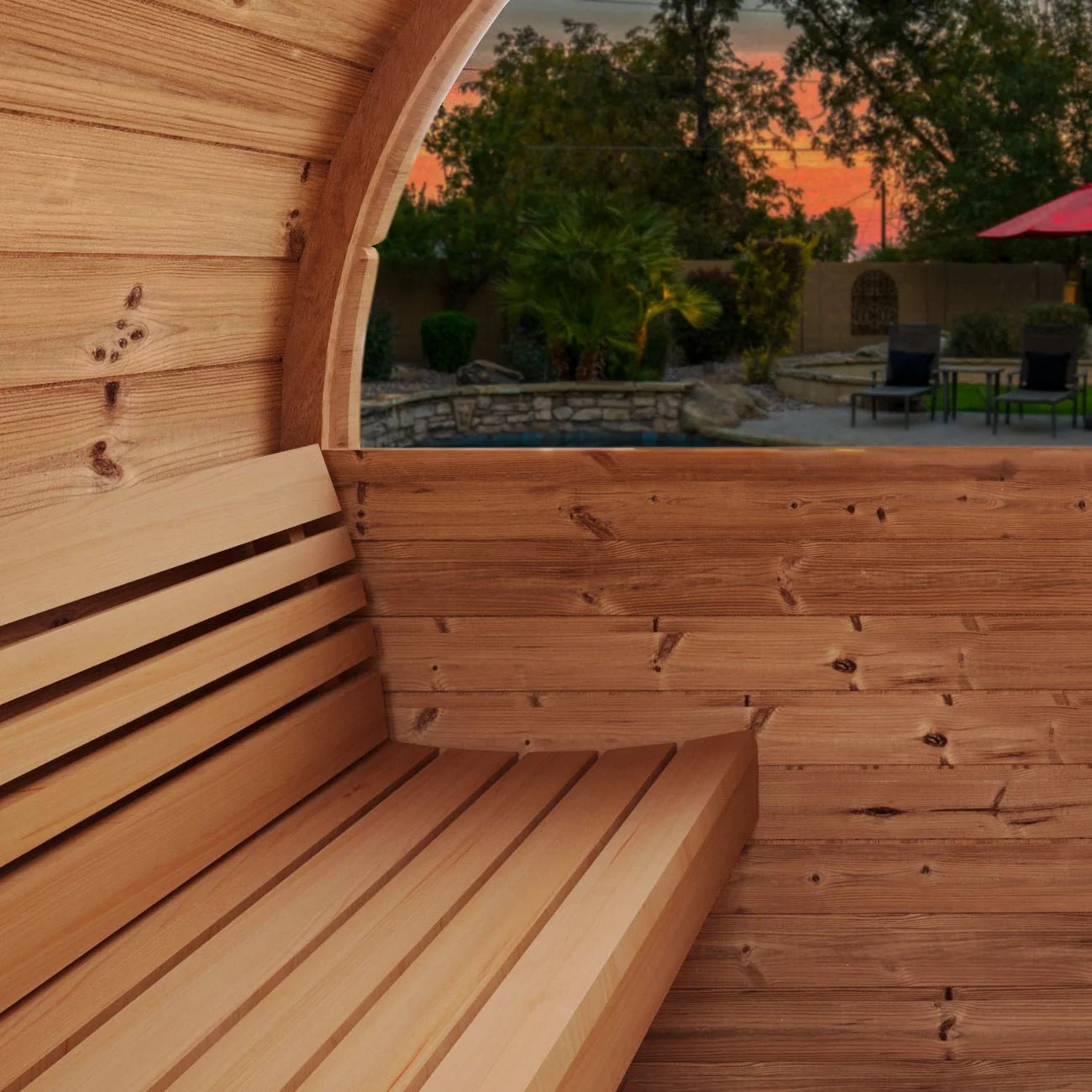 SaunaLife E7G Barrel Sauna | 4 Person Outdoor Glass Front