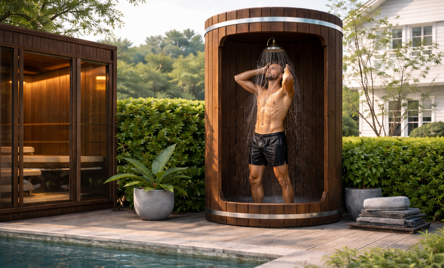 Man standing in a wooden outdoor shower next to a pool with greenery and a building in the background.