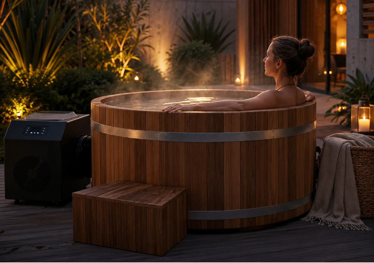 Woman relaxing in a wooden hot tub outdoors with plants and candles in the background