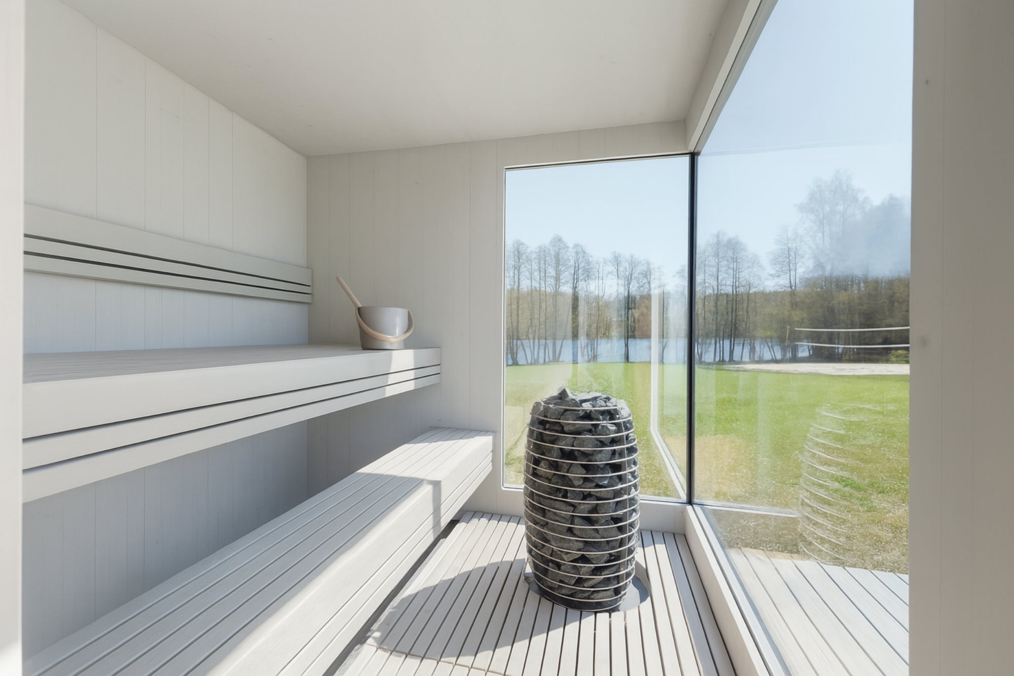 Genevas St. Moritz Light Gray – Luxury Pre-Assembled Outdoor Sauna with Lounge & Shower Cabin