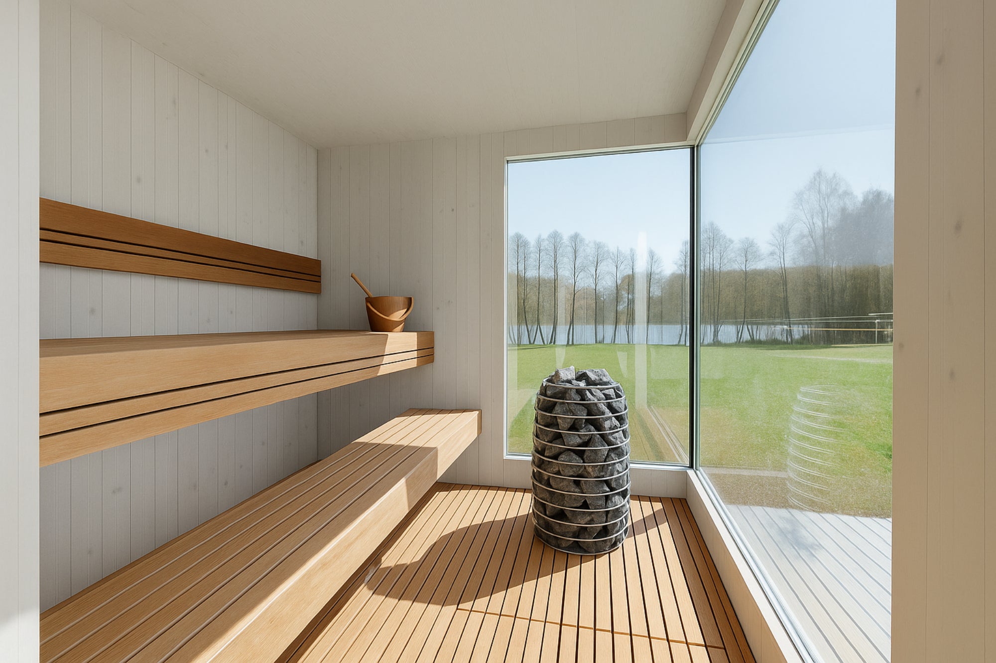 Genevas St. Moritz Light Gray – Luxury Pre-Assembled Outdoor Sauna with Lounge & Shower Cabin