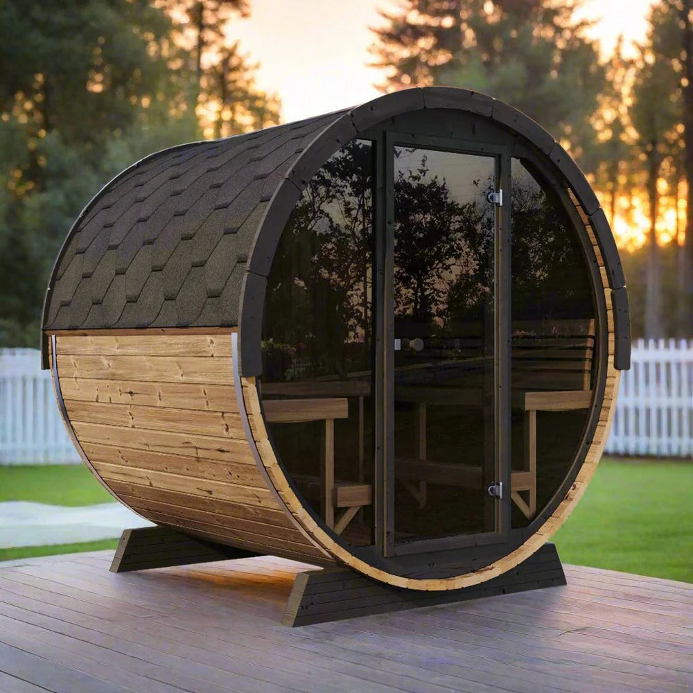 SaunaLife EE8G Barrel Sauna | 6 Person Glass Front