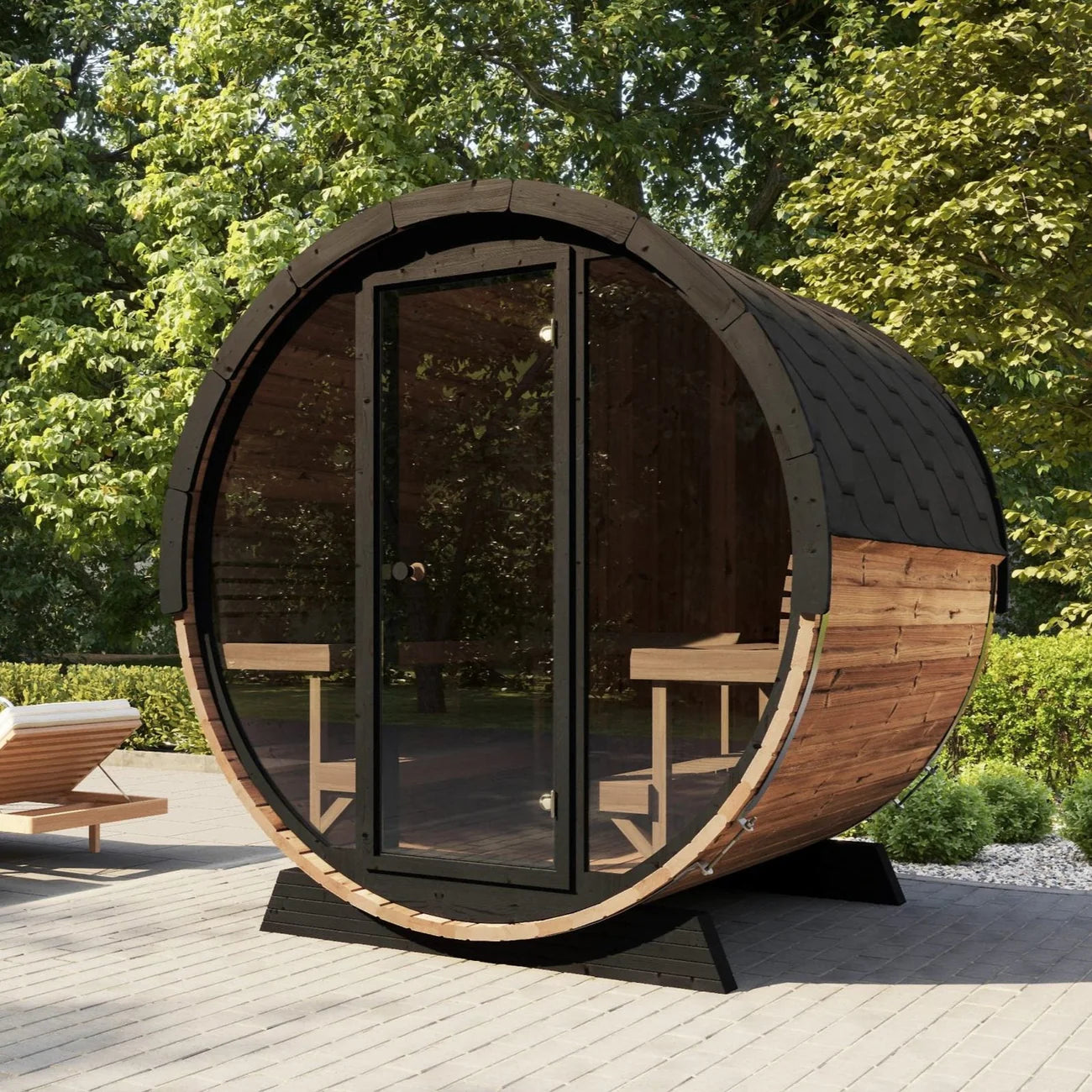 SaunaLife EE8G Barrel Sauna | 6 Person Glass Front
