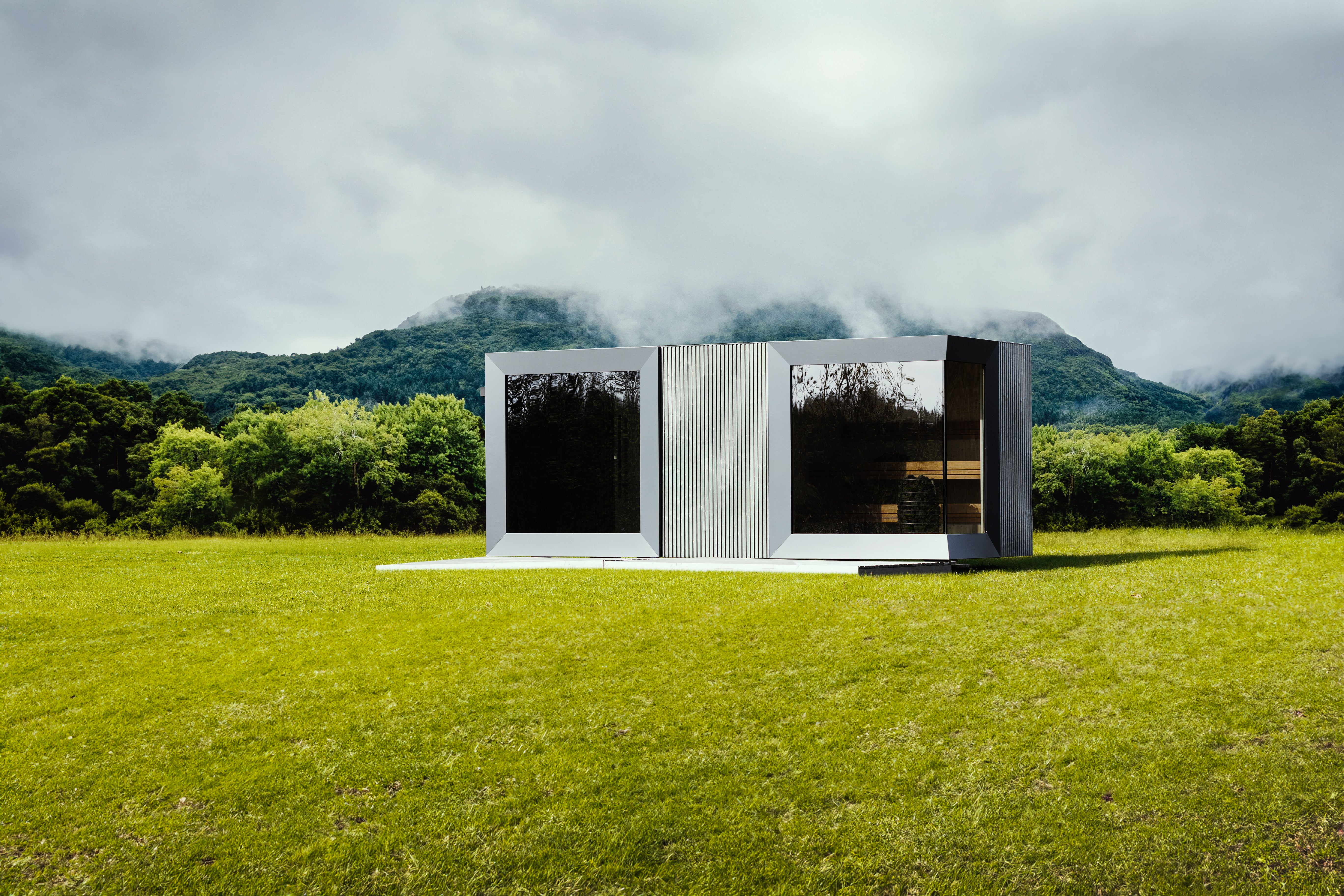 Genevas St. Moritz Light Gray – Luxury Pre-Assembled Outdoor Sauna with Lounge & Shower Cabin