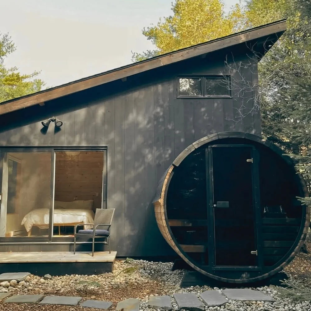 SaunaLife EE6G Barrel Sauna | 4 Person Glass-Front Outdoor