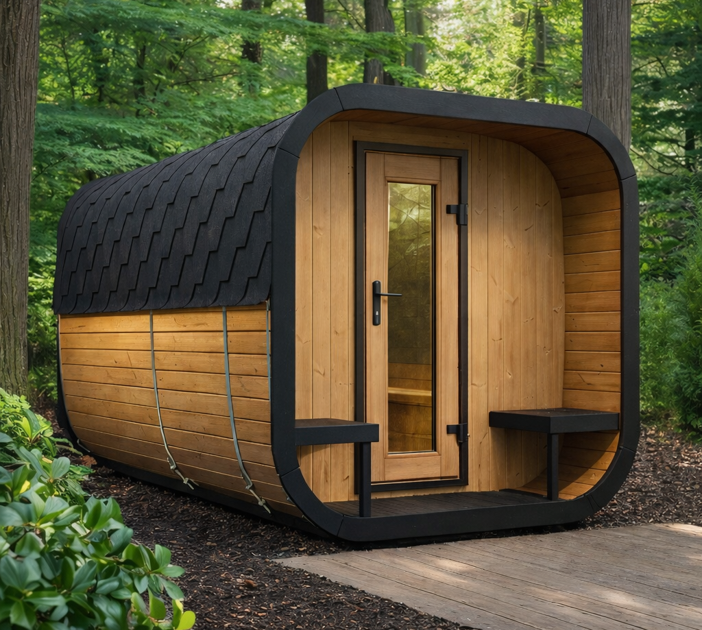 Wooden cabin with black exterior in a forest setting
