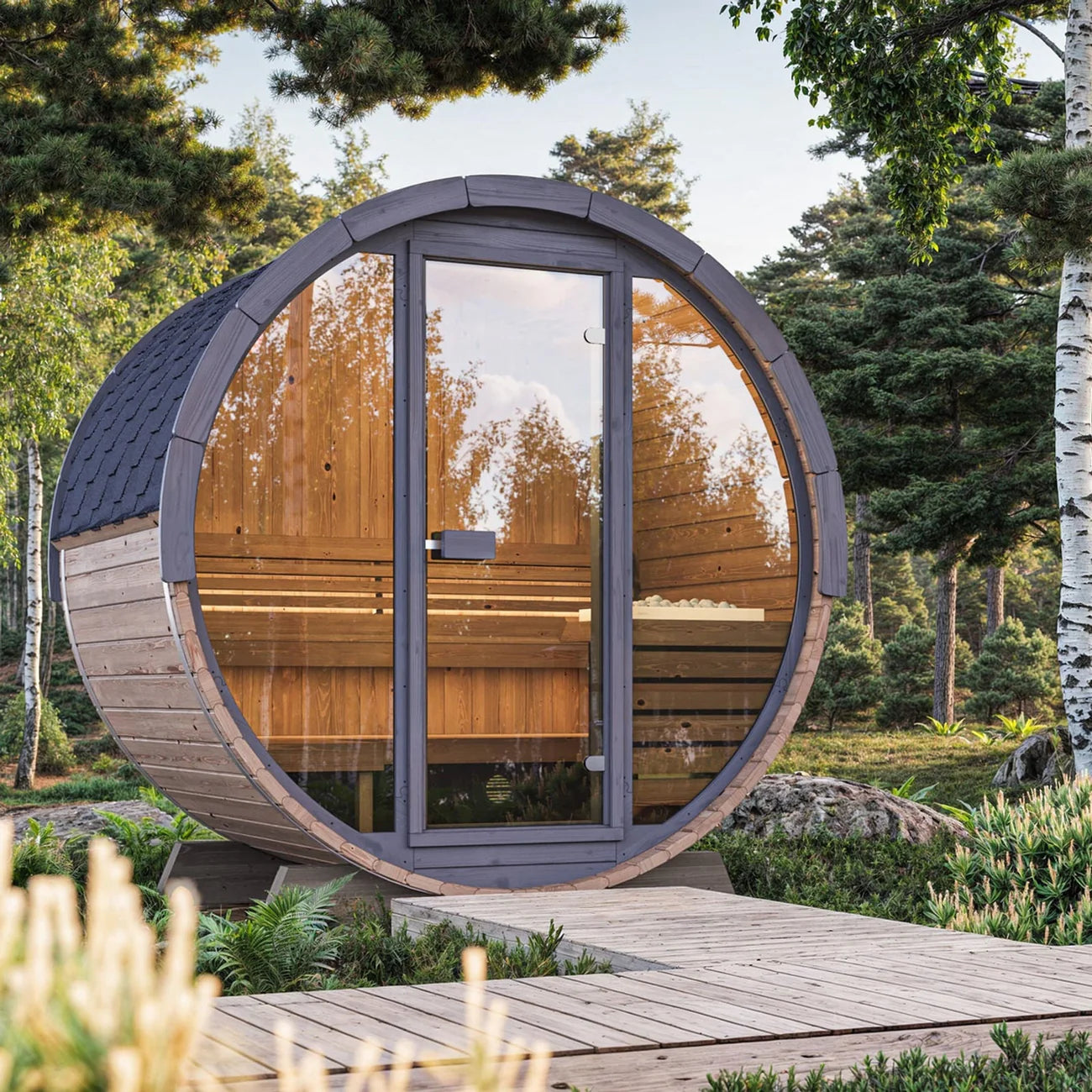 SaunaLife EE8G Barrel Sauna | 6 Person Glass Front
