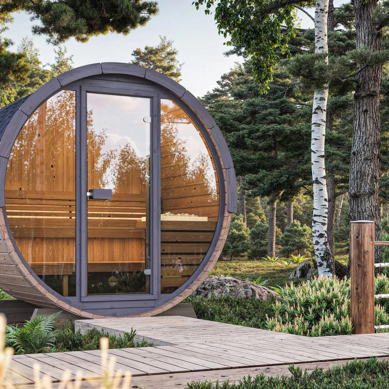 SaunaLife EE6G Barrel Sauna | 4 Person Glass-Front Outdoor
