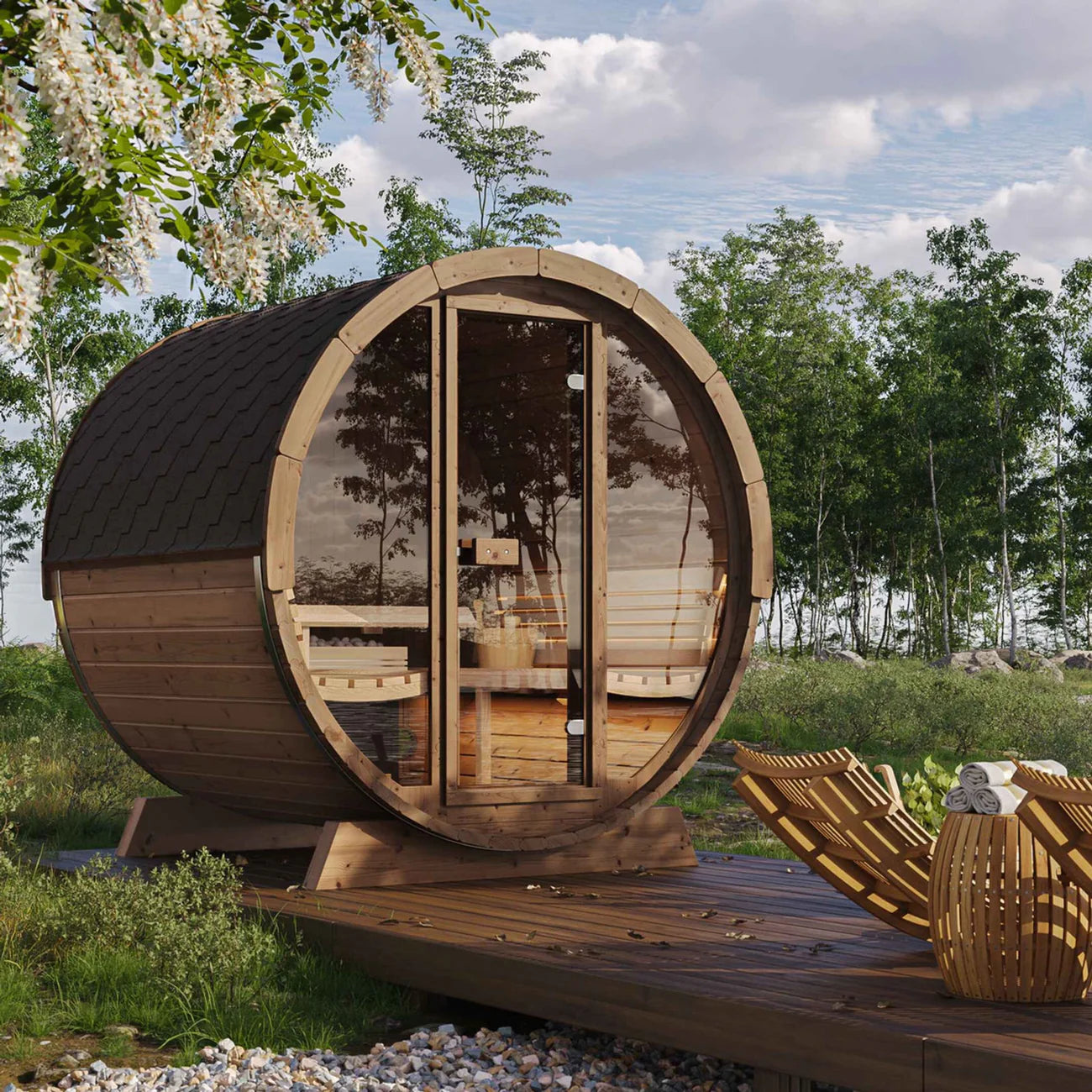 SaunaLife E7G Barrel Sauna | 4 Person Outdoor Glass Front