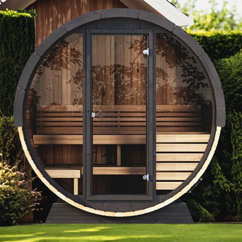 SaunaLife EE6G Barrel Sauna | 4 Person Glass-Front Outdoor
