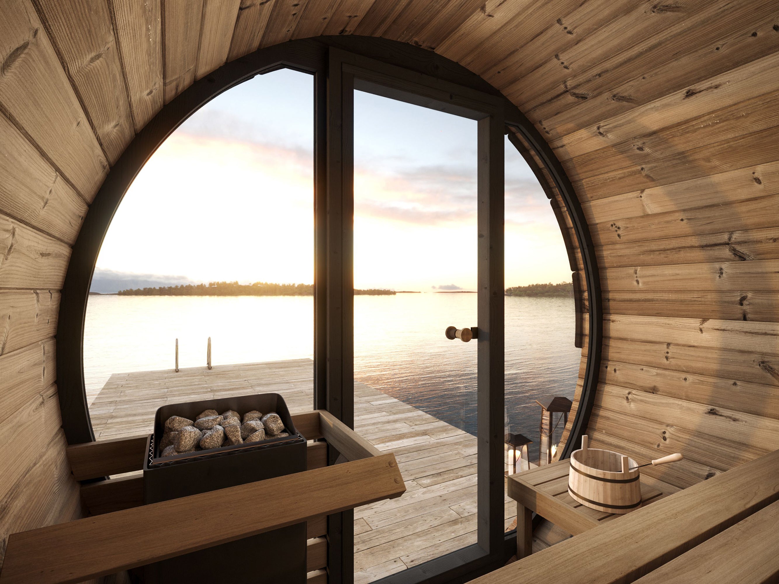 SaunaLife EE6G Barrel Sauna | 4 Person Glass-Front Outdoor