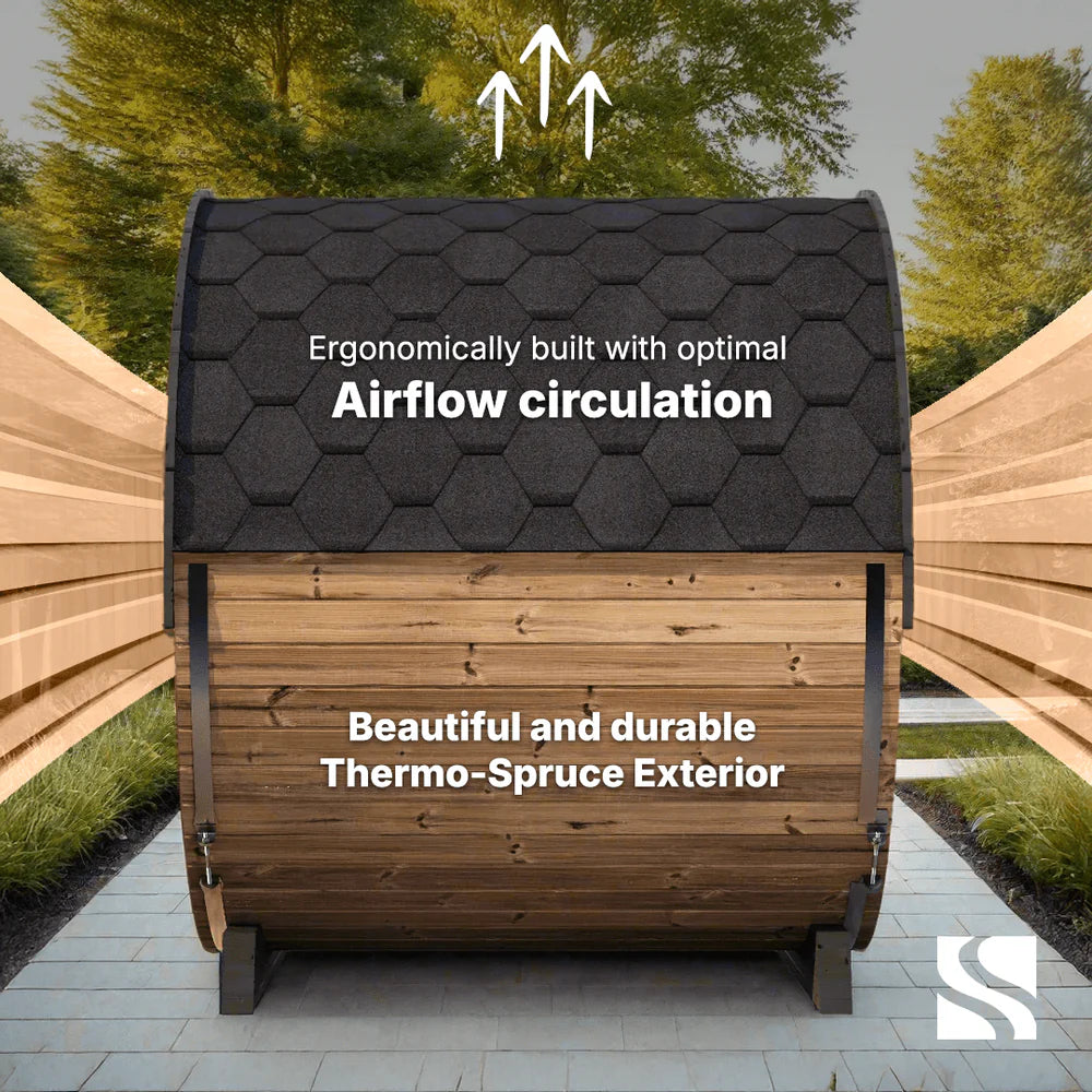 SaunaLife EE6G Barrel Sauna | 4 Person Glass-Front Outdoor