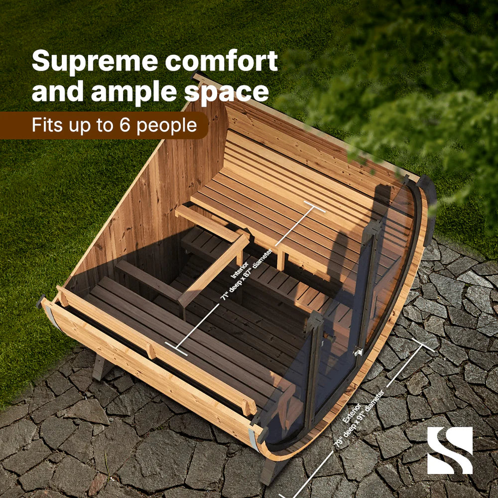SaunaLife EE8G Barrel Sauna | 6 Person Glass Front