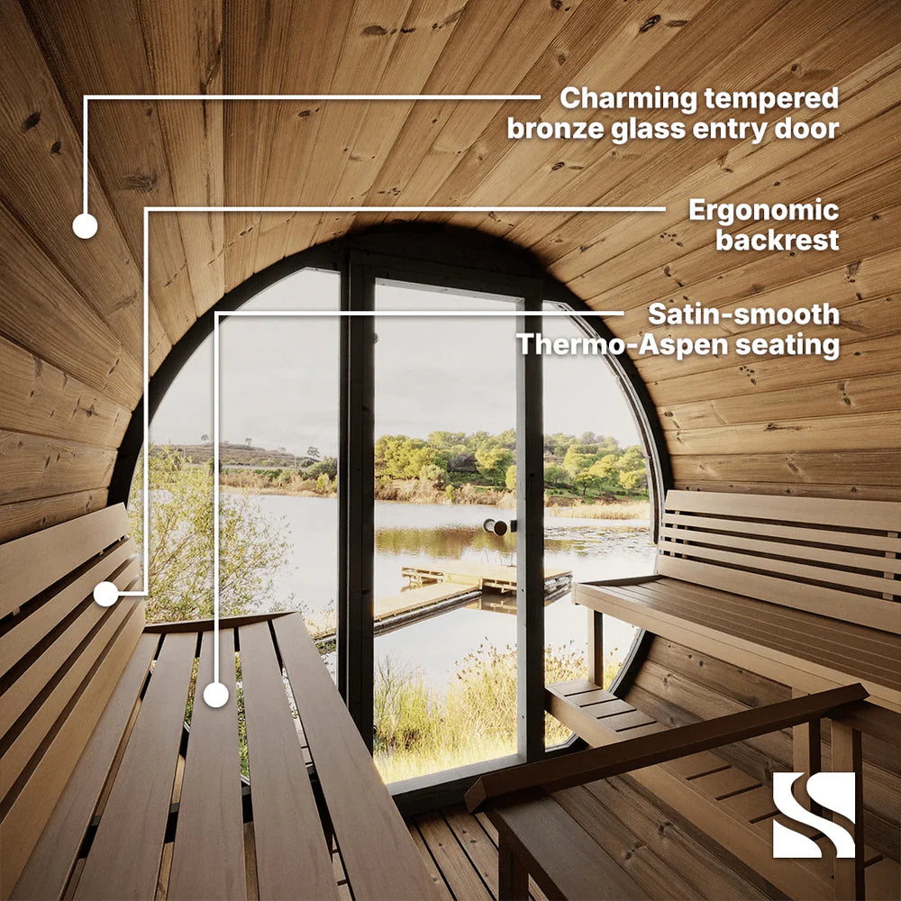 SaunaLife EE8G Barrel Sauna | 6 Person Glass Front