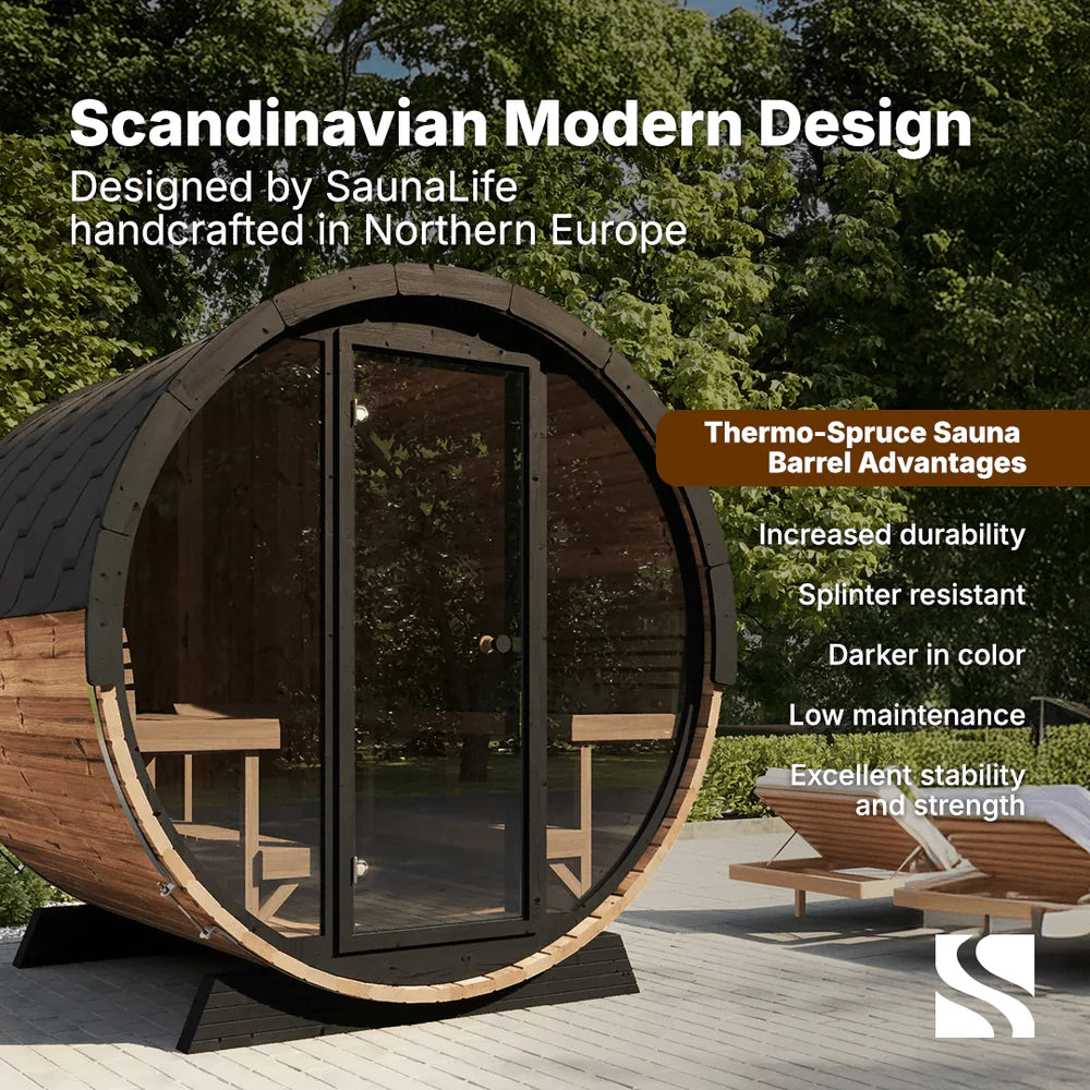 SaunaLife EE8G Barrel Sauna | 6 Person Glass Front