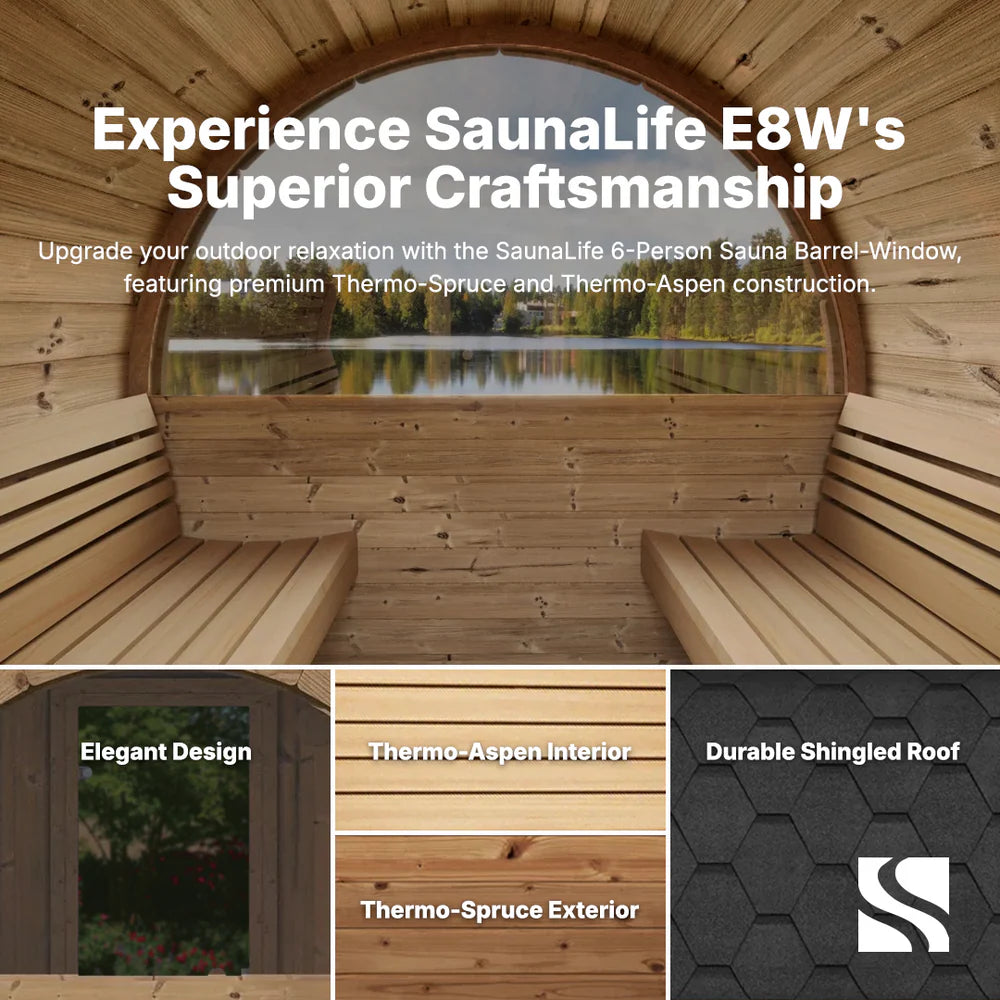 SaunaLife E8W Barrel Sauna | 6 Person Outdoor Glass Front