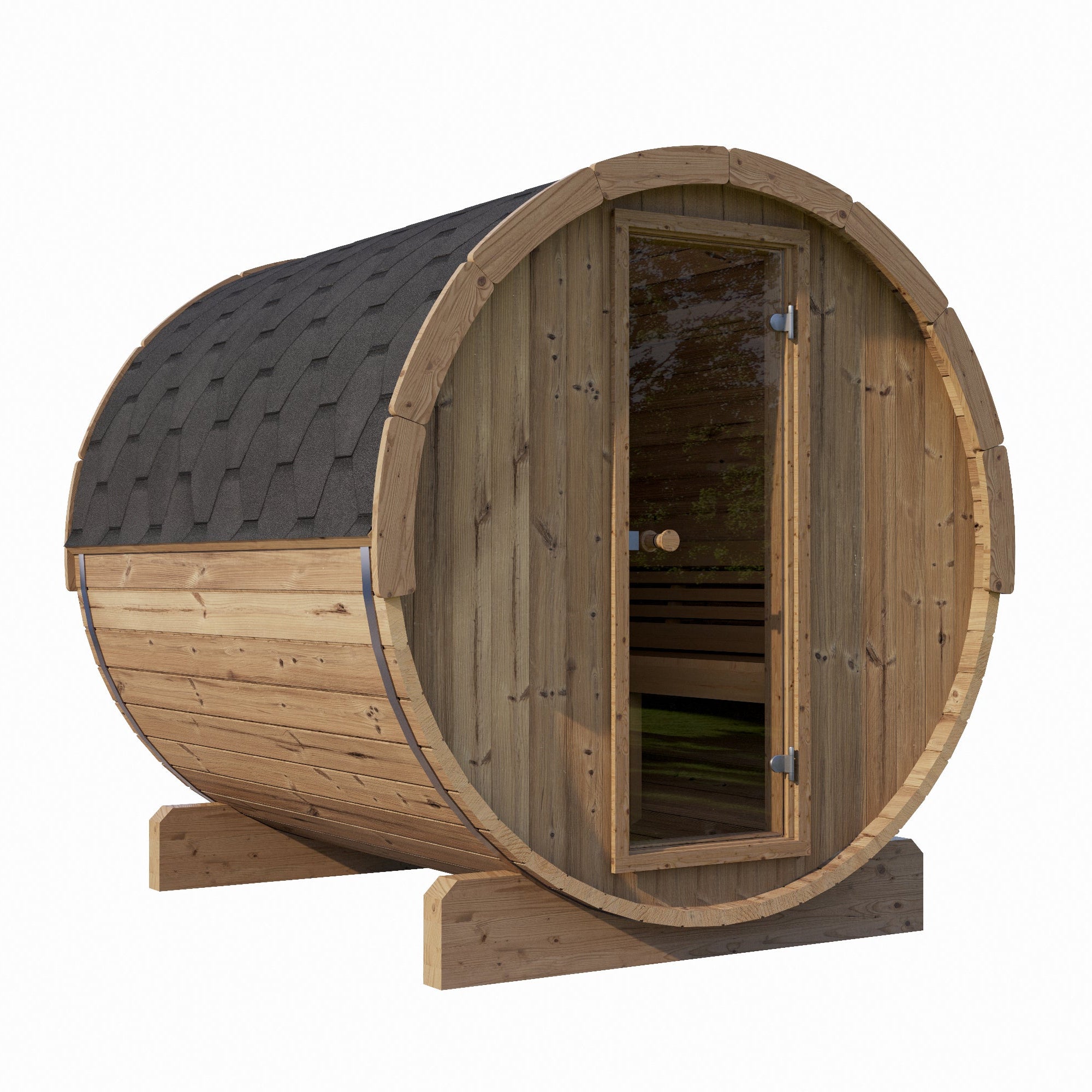 Wooden barrel-shaped sauna on a white background