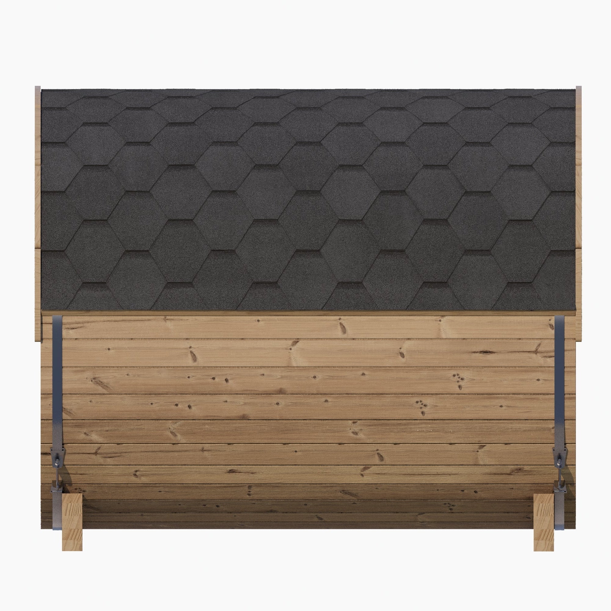 Wooden storage box with a black hexagonal patterned lid on a white background