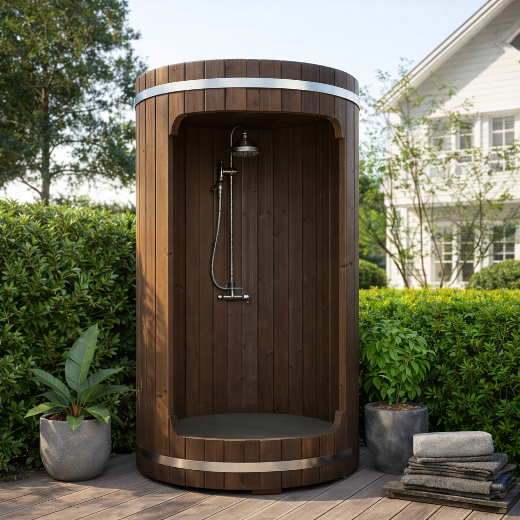 SaunaLife R3 Outdoor Barrel Shower, Rain-Series Thermo-Spruce