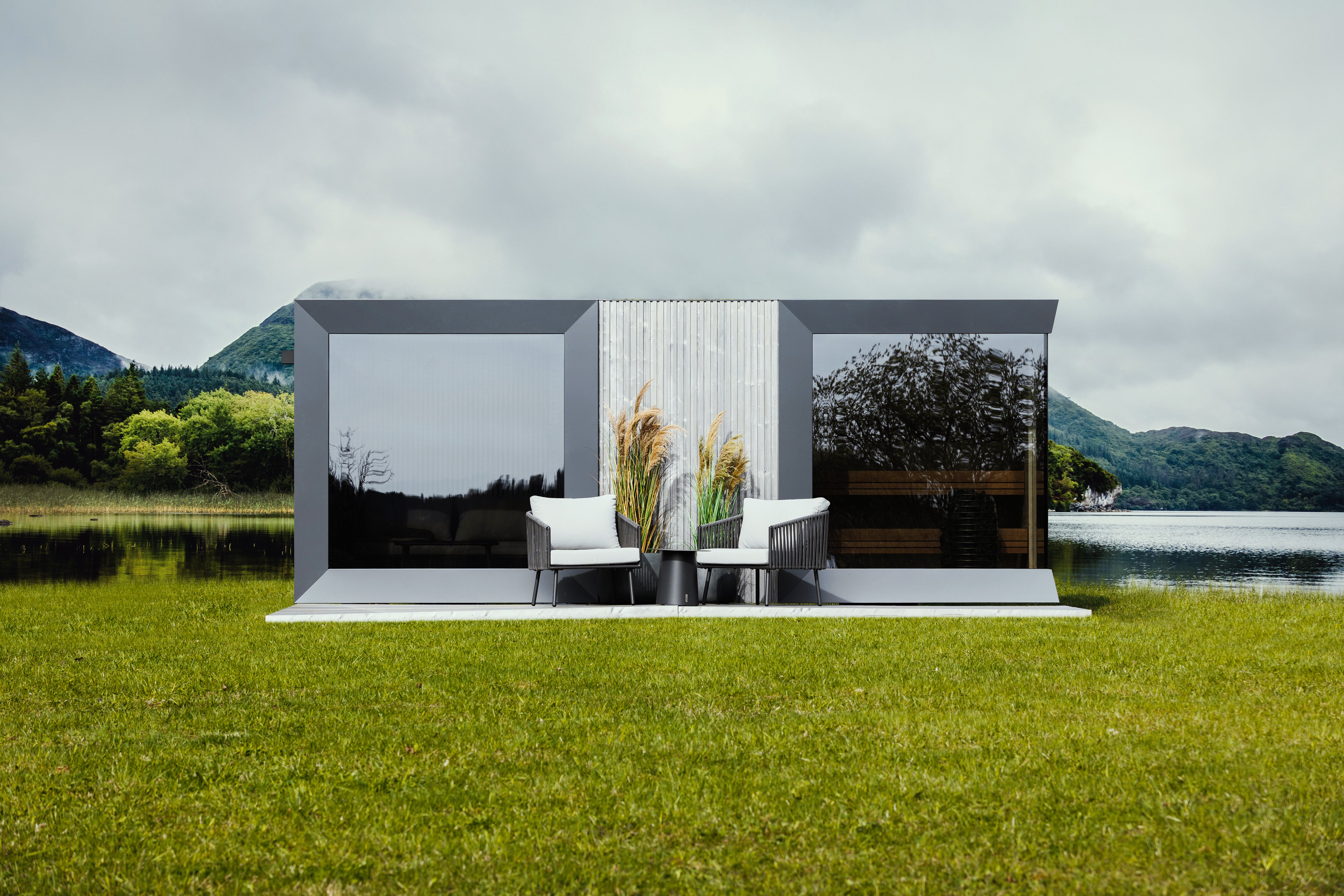 Genevas St. Moritz Light Gray – Luxury Pre-Assembled Outdoor Sauna with Lounge & Shower Cabin