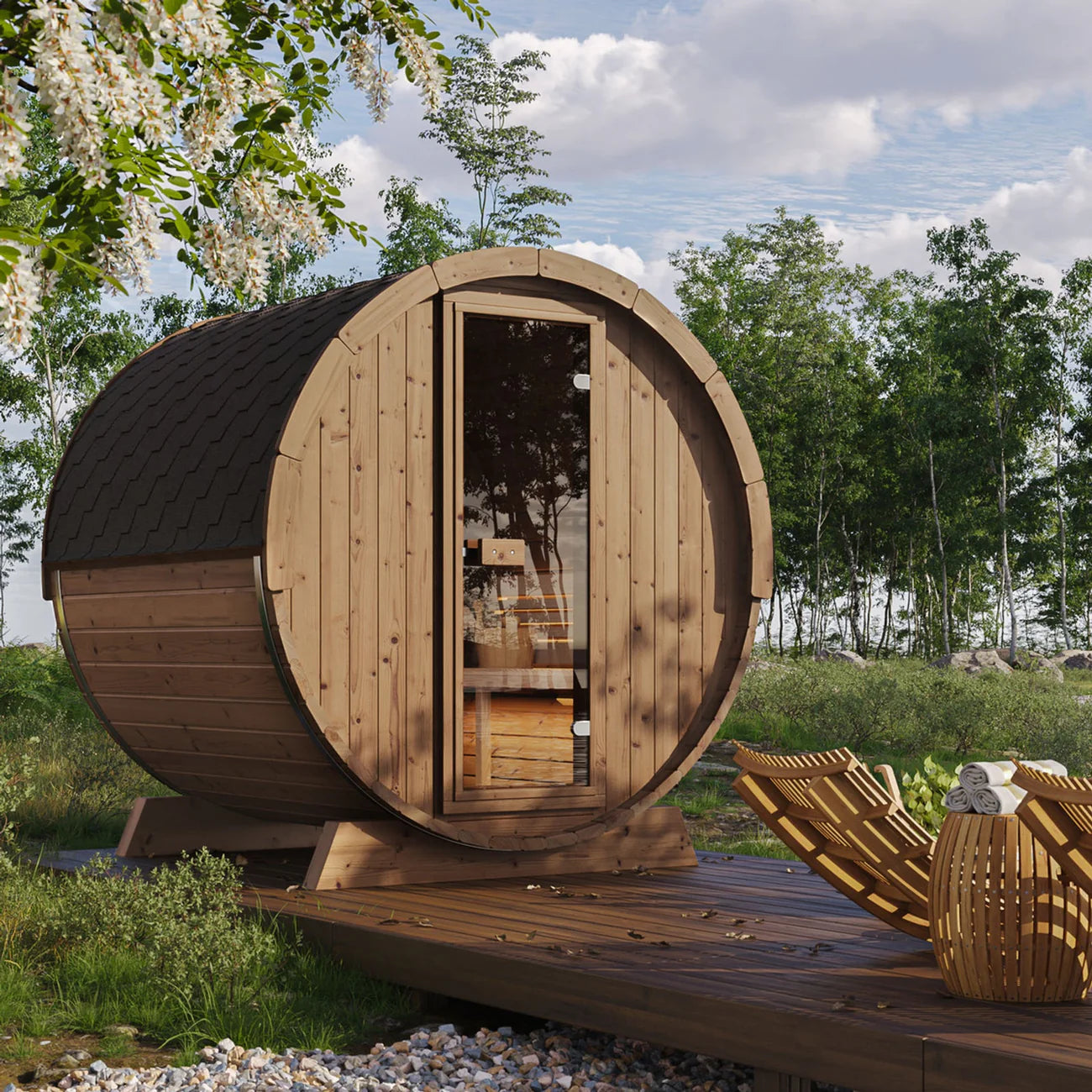 SaunaLife E7G Barrel Sauna | 4 Person Outdoor Glass Front