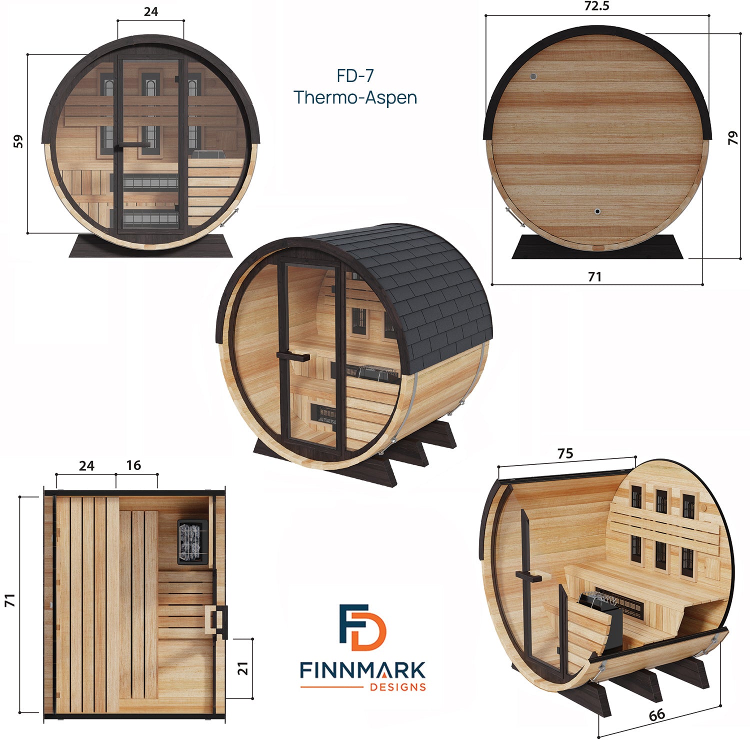 Finnmark FD-7 Outdoor Barrel Sauna | 4 Person Hybrid Thermo-Aspen