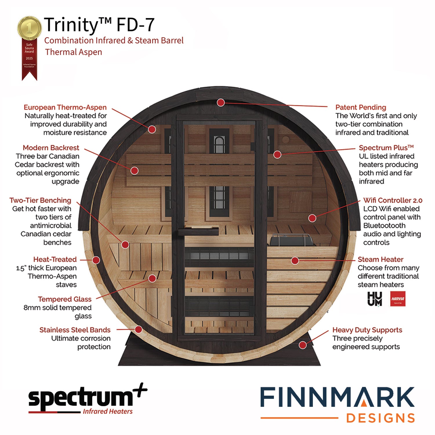 Finnmark FD-7 Outdoor Barrel Sauna | 4 Person Hybrid Thermo-Aspen
