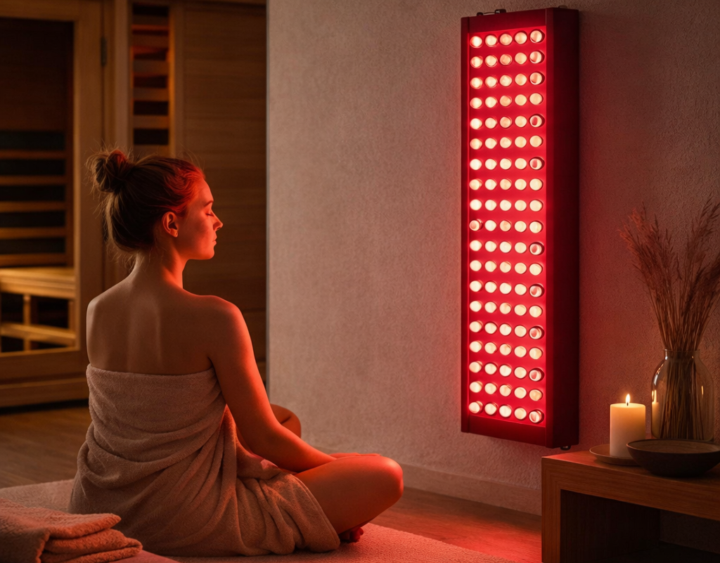 Woman in a towel sitting in front of a red light therapy panel in a dimly lit room.
