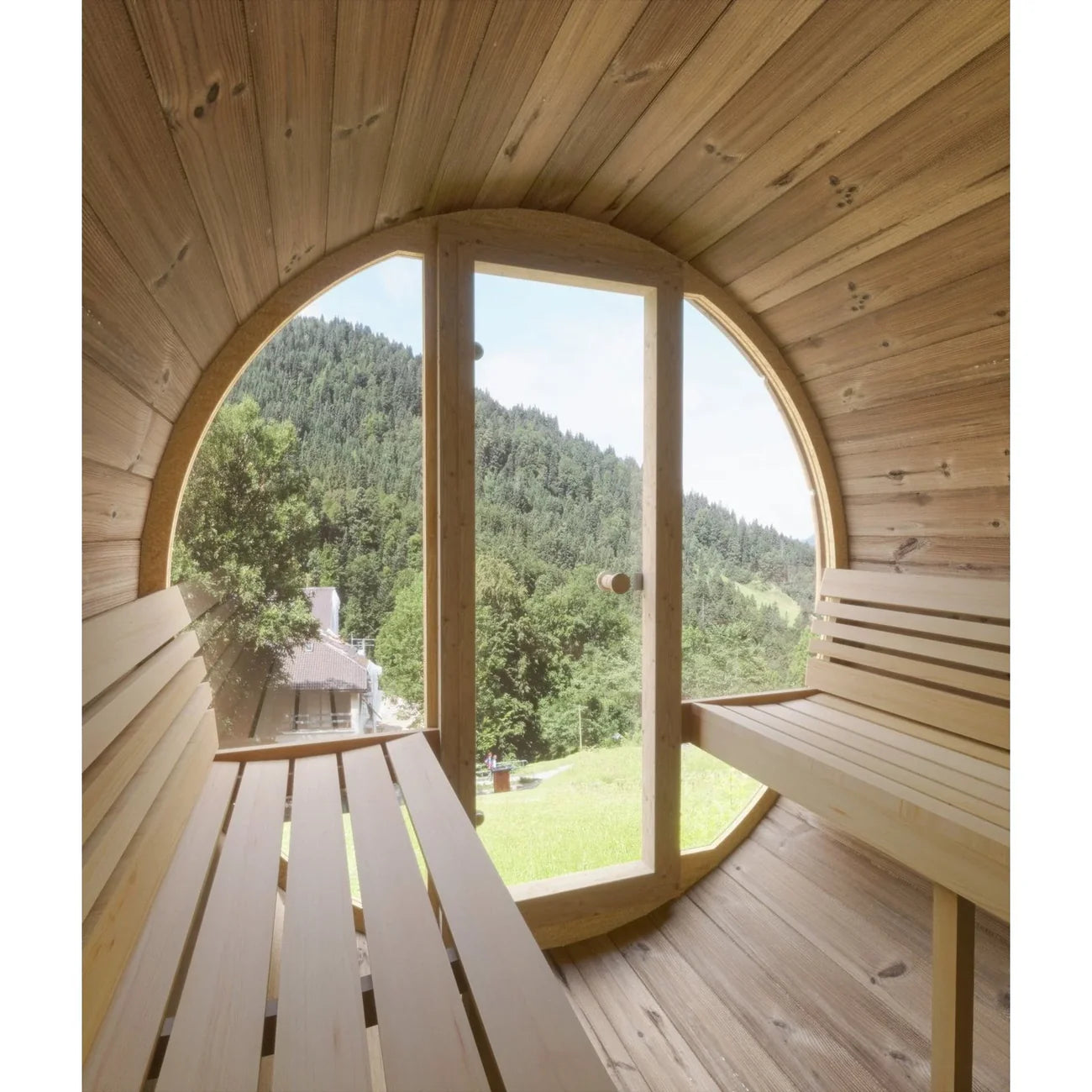 SaunaLife E7G Barrel Sauna | 4 Person Outdoor Glass Front