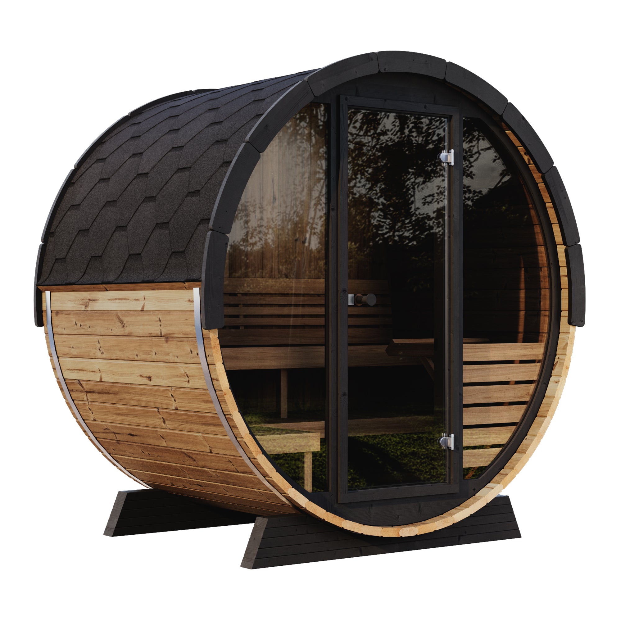 SaunaLife EE6G Barrel Sauna | 4 Person Glass-Front Outdoor