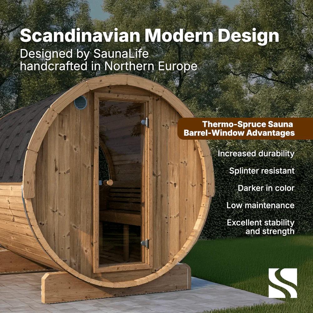 SaunaLife E8W Barrel Sauna | 6 Person Outdoor Glass Front