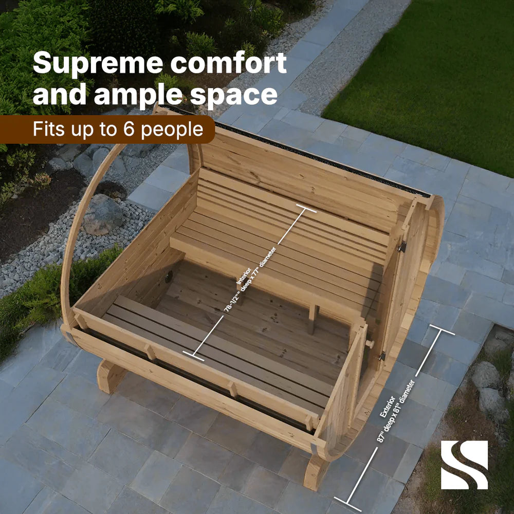 SaunaLife E8W Barrel Sauna | 6 Person Outdoor Glass Front