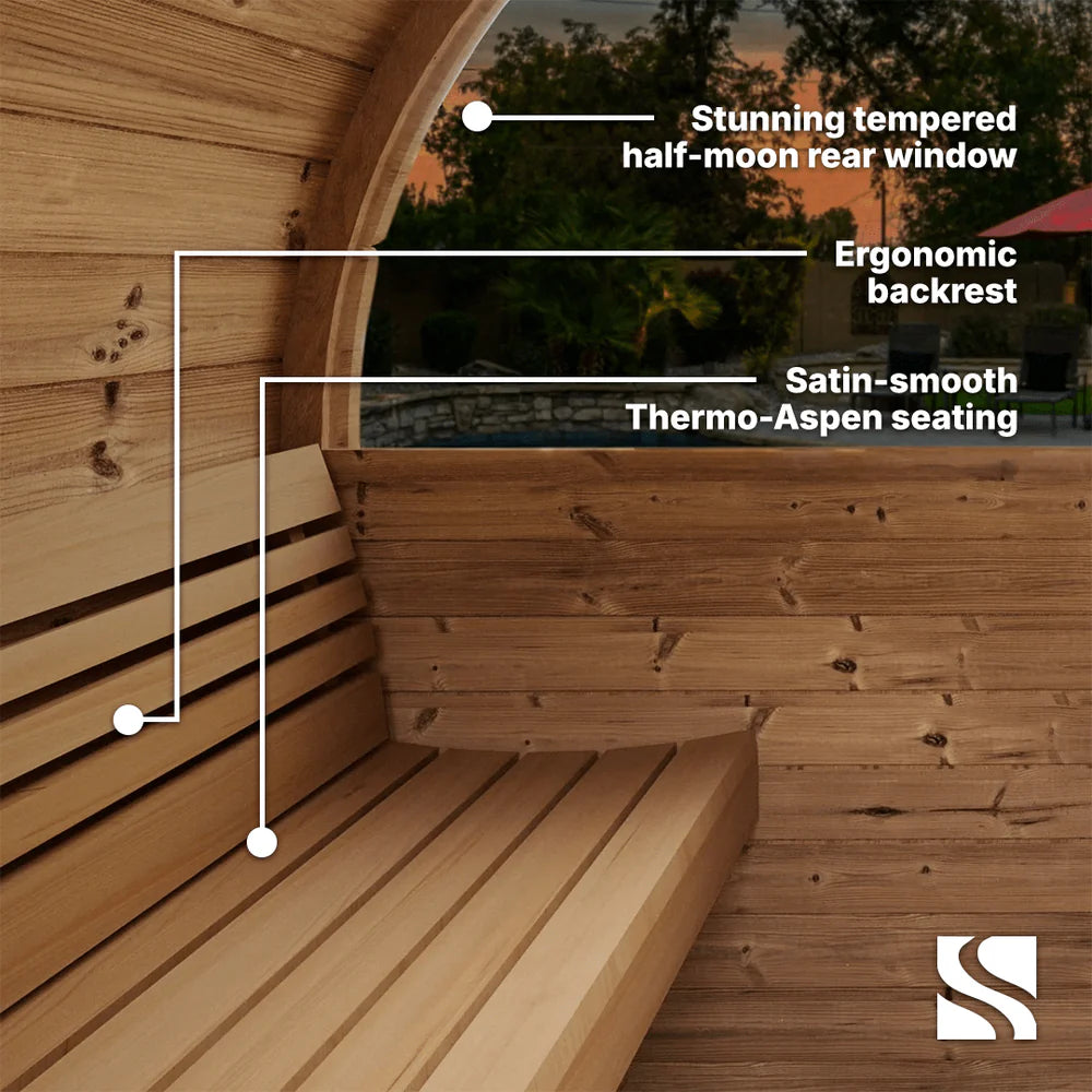 SaunaLife E8W Barrel Sauna | 6 Person Outdoor Glass Front